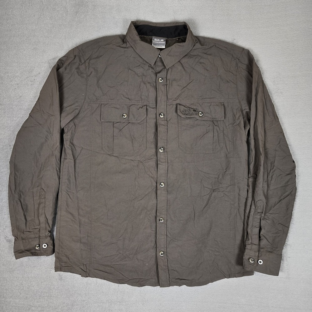 Jack Wolfskin Shirt Mens‎ XL Gray Button Up UV Shield Outdoor Adventure Hiking